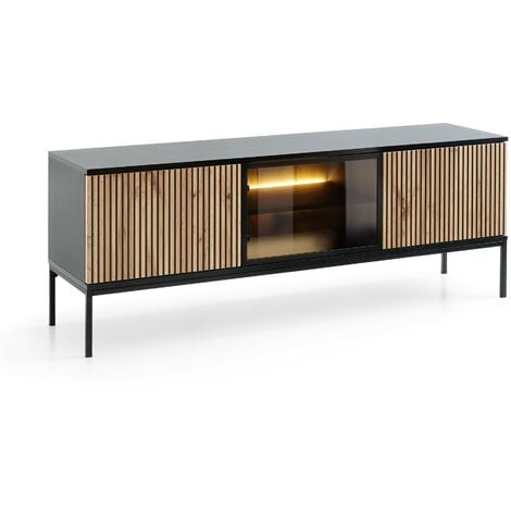 EMPORIUS TV-Schrank 154 cm Haller - TV-Tisch mit Lamellen, TV-Lowboard - LED-Beleuchtung - Loft Stil (Wotan Eiche / Schwarz)