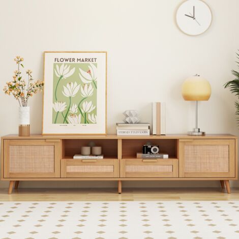 EIFSON TV-Schrank 200 cm, mit zwei Schubladen und Doppeltüren, Beine aus Massivholz, TV-Board aus geflochtenem Rattan, 200x37x49 cm, für Wohnzimmer und Schlafzimmer – Eiche