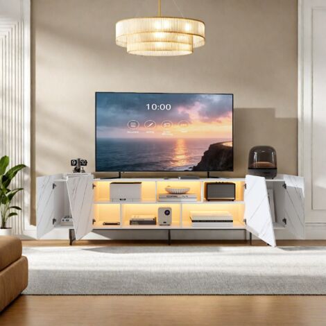 TV-Schrank 220 cm, LED-Beleuchtung, mit offenen Regalen und zwei Schränken, Marmoroptik, geeignet für das Wohnzimmer, weiß