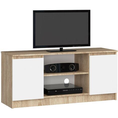 TV Schrank AKORD Fernsehkommode 120 cm Sonoma-Eiche 2 Türen 2 Ebenen Front Weiß B120 x H55 x T40 cm