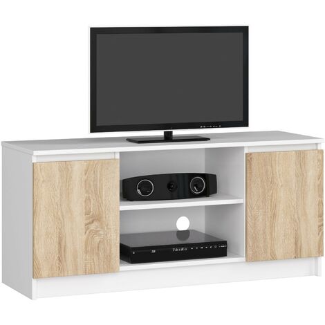 TV Schrank AKORD Fernsehkommode 120 cm Weiß 2 Türen 2 Ebenen Front Sonoma-Eiche B120 x H55 x T40 cm