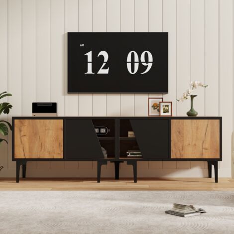 TV-Schrank aus Spanplatte in Naturholzfarbe/Schwarz, 160 x 36,5 x 45 cm, 4 Fächer, 7 PVC-Füße, für ca. 65 Zoll