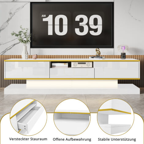 TV-Schrank aus Spanplatte in Weiß/Gold, 180 x 38 x 45 cm, Hochglanz, 3 Schubladen, LED-Beleuchtung