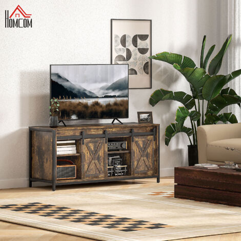 TV-Schrank aus Sperrholz in Braun, 120 x 40 x 54 cm, Lowboard im Industrial-Stil mit 6 Fächern und Schiebetüren