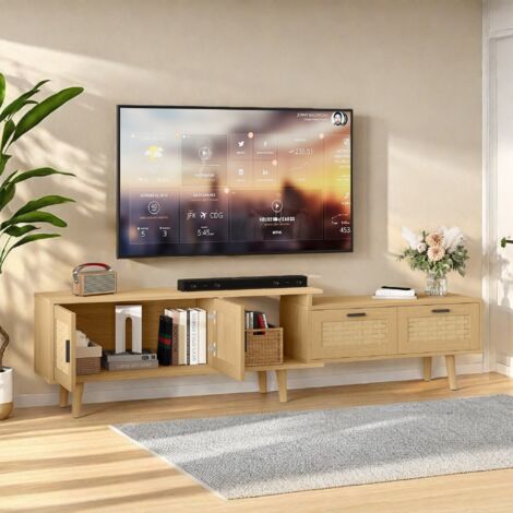 TV-Schrank ausziehbarer , Halterung für Fernseher von 40 bis 75 Zoll, mit 2 Schubladen und 2 Türen, niedriger Rattanschrank mit offenen Ablagefächern, Eichenfarbe