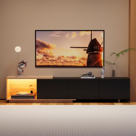 TV-Schrank ausziehbarer , LED-Beleuchtung, mit offenem Stauraum, drei Schubladen, moderner Stil, für Wohnzimmer oder Schlafzimmer, schwarz