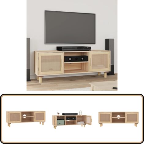 TV-Schrank Braun 105x30x40 cm Massivholz Kiefer Natur-Rattan - TV-Schrank - Holzmöbel - Massivholzkasten - Regal - Wohnzimmermöbel