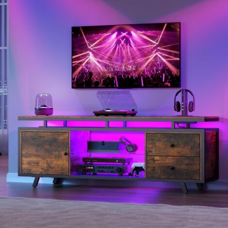 TV Schrank für 65-Zoll-Fernseher,LED-beleuchtetes Lowboard mit Steckdose und Schubladen und Schränken,TV Board mit Glasböden，fernsehschrank für Wohnzimmer,Schlafzimmer,Braun
