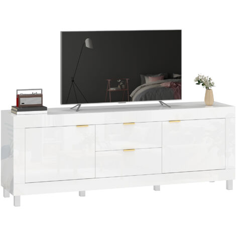 TV-Schrank für Fernseher bis zu 75 Zoll, modernes Entertainment-Center mit 2 Schränken und 2 Schubladen, Hochglanz Weiß