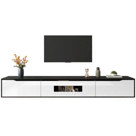 TV-Schrank Hochglanz 180 cm, Schwarz Weiß mit LED-Beleuchtung USB, modernes TV-Lowboard mit Wandmontage, Fernsehschrank mit Farbwechsel Licht für Wohnzimmer