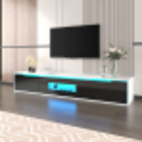 TV-Schrank, Hochglanz-TV-Schrank, farblich passend zu Schwarz und Weiß, mit farbwechselnder LED-Beleuchtung.