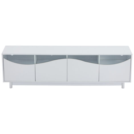 TV-Schrank in geschwungenem Design, weiß, hochglänzend, Schranktür aus gehärtetem Glas, LED-Beleuchtung, geeignet als Unterhaltungsmöbel, Schlafzimmer, Wohnzimmer, 175 x 38 x 51 cm