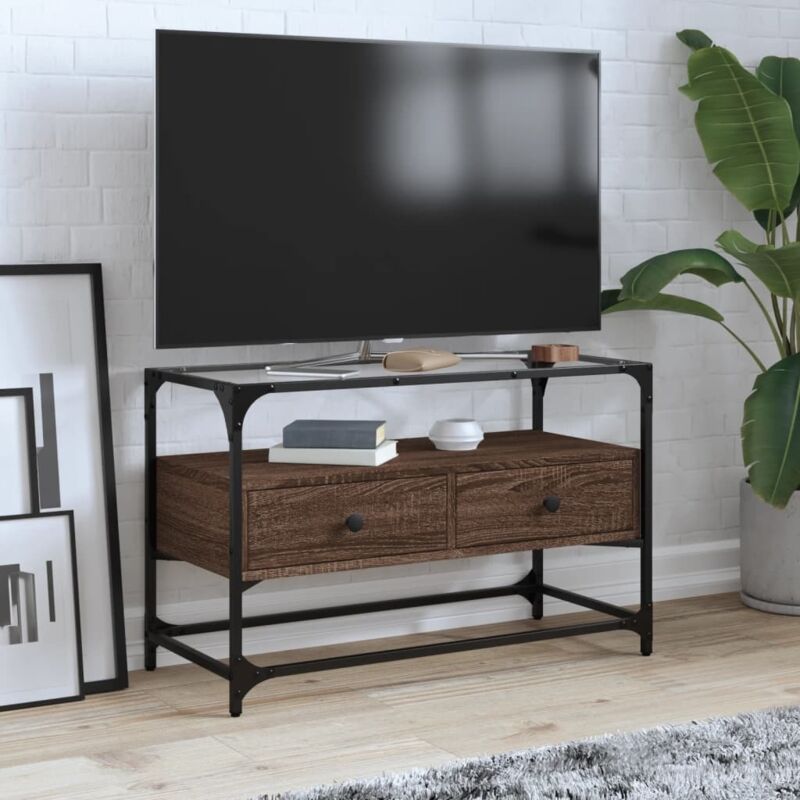 Vidaxl - Tv-schrank Mit Glasplatte Braun Eiche 80x35x51 Cm Holzwerkstoff