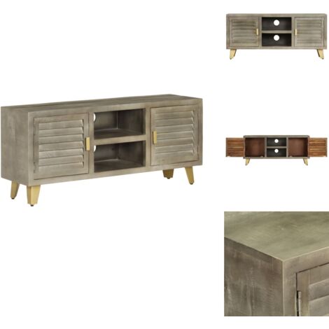 TV-Schrank Massivholz Mango Grau mit Messing 110x30x48 cm - Fernsehschränk - Mangoholz Schrank - TV Stand - Regal - Sideboard