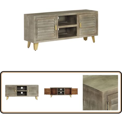 TV-Schrank Massivholz Mango Grau mit Messing 110x30x48 cm - Fernsehschränk - Mangoholz Schrank - TV Stand - Regal - Sideboard