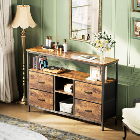 TV-Schrank, Metallrahmen, Retro-TV-Schrank, Beistelltisch für Wohnzimmer, Arbeitszimmer, 4 Schubladen aus braunem Stoff, TV-Ständer mit LED-Licht, 137 x 30 x 78 cm