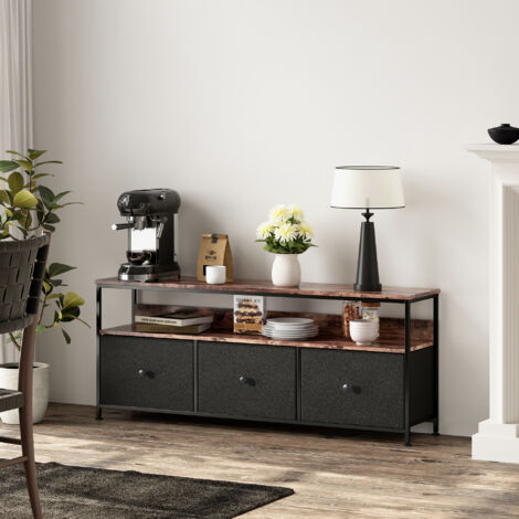 TV-Schrank, Metallrahmen, Retro-TV-Schrank, Schubladen aus schwarzem PU-Stoff, TV-Ständer mit LED-Licht, Beistelltisch für Wohnzimmer, Arbeitszimmer, 108 x 30 x 57 cm