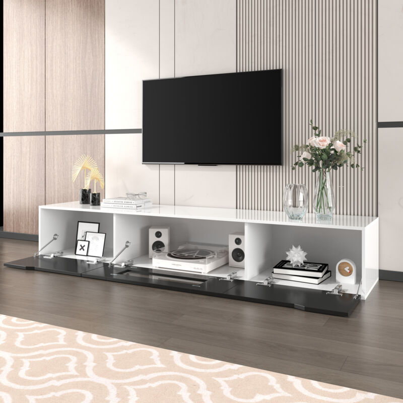 Modenvie Tv-schrank Mit 2 Türen Und Led, Geriffelte Front, Hochglanz Lackiert, Für Wohnzimmer, 180×35×30 Cm