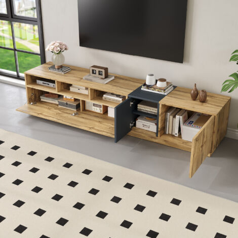 TV-Schrank mit 3 Offenen Fächern und Kabeldurchlässen, 3 Türen mit Regalen, Modern, aus Spanplatte, 200×45×45 cm, Grau Schwarz Natur