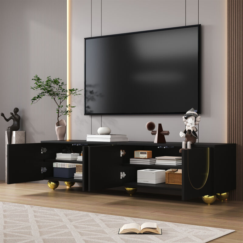 Stilvora Tv-schrank Mit 4 Türen Und Einlegeböden, Push-to-open, Runde Goldbeine, Aus Spanplatte, 170×38×44 Cm, Schwarz