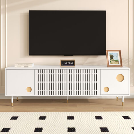 TV-Schrank Mit Gitterstruktur, Versteckten Griffen, Goldener Dekoration, 2 Türen Aus Massivholz, für Wohnzimmer