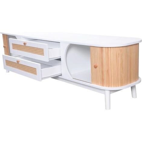 TV-Schrank-Natürlicher Holz-Blend TV-Schrank mit Türen und Schubladen. TV-Ständer mit Rattanseiten. Aufbewahrungslösung, Natürlicher Landhausstil