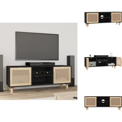 TV-Schrank Schwarz 105x30x40 cm Massivholz Kiefer Natur-Rattan - TV-Schrank - Fernsehtisch - Holzschreibtisch - Regal - Wohnzimmermöbel