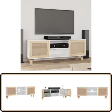 TV-Schrank Weiß 105x30x40 cm Massivholz Kiefer Natur-Rattan - TV-Schrank - Fernsehtisch - Wohnzimmermöbel - Regal - Holzregal