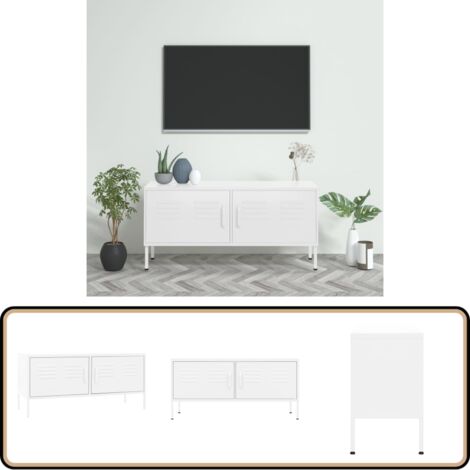 TV-Schrank Weiß 105x35x50 cm Stahl - TV Schrank - Fernsehschränkchen - Weißes Fernsehregal - Metall TV Stand - Wohnzimmer Dekoration