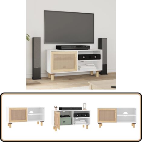 TV-Schrank Weiß 80x30x40 cm Massivholz Kiefer und Natur-Rattan - TV-Schrank - Fernsehtisch - Wohnzimmermöbel - Regal - Holzregal