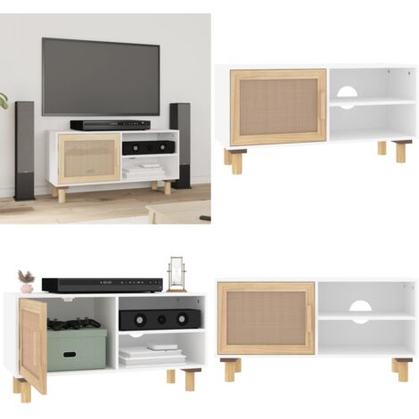 TV-Schrank Weiß 80x30x40 cm Massivholz Kiefer und Natur-Rattan - TV-Schrank - Fernsehtisch - Wohnzimmermöbel - Regal - Holzregal - Home & Living