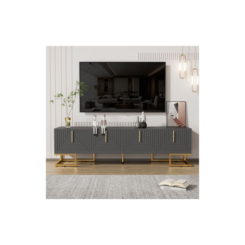 TV-Schrank,lowboard mit strukturierter Tür, TV-Möbel mit Schubladen, goldenen Griffen und goldenen Füßen.noir