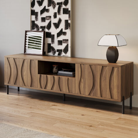 TV-Ständer 160 x 35 x 46 cm, 2 Türen, Eisenbeine, MDF, Naturfarbe, elegant minimalistisch