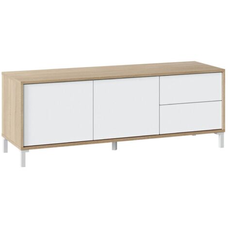 TV-Ständer Cary, Sideboard für Fernseher mit 2 Türen, TV-Ständer im Wohnzimmer, Fernsehschrank, Sideboard für Wohnzimmer, cm 130x41h47, Eiche und Weiß