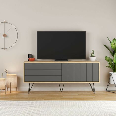 TV-Ständer Picadilly mit Eichenstruktur und 2 umklappbaren Anthrazit-Türen H57 x B139 x T36 cm