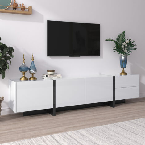 TV-Ständer, zweifarbiges Design, Hochglanzlackierung, Regal mit Türen, Spanplatte, 190 x 35 x 45 cm, schwarz-weiß