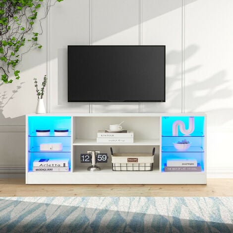 TV Stand Cabinet, 130x57x34cm TV Unit with LED Lights, High Gloss Storage Unit with Glass Shelves,White