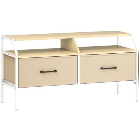 TV Stand Cabinet, TV Unit for 55-inch TVs with 2 Foldable Fabric Drawers, 5 Divided Side Pockets, Open Shelves, Console Table for Living Room, Bedroom, Entertainment Room, Natural Wood Finish