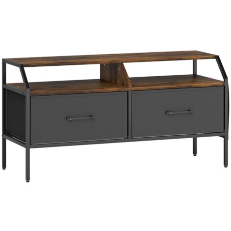 TV Stand Cabinet, TV Unit for 55-inch TVs with 2 Foldable Fabric Drawers, 5 Divided Side Pockets, Open Shelves, Console Table for Living Room, Bedroom, Entertainment Room, Rustic Brown