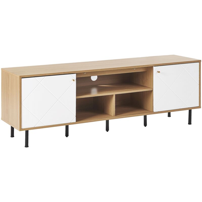 Beliani - Modern tv Unit 2 Doors 3 Shelves Black Metal Legs White Front Light Wood Palmer