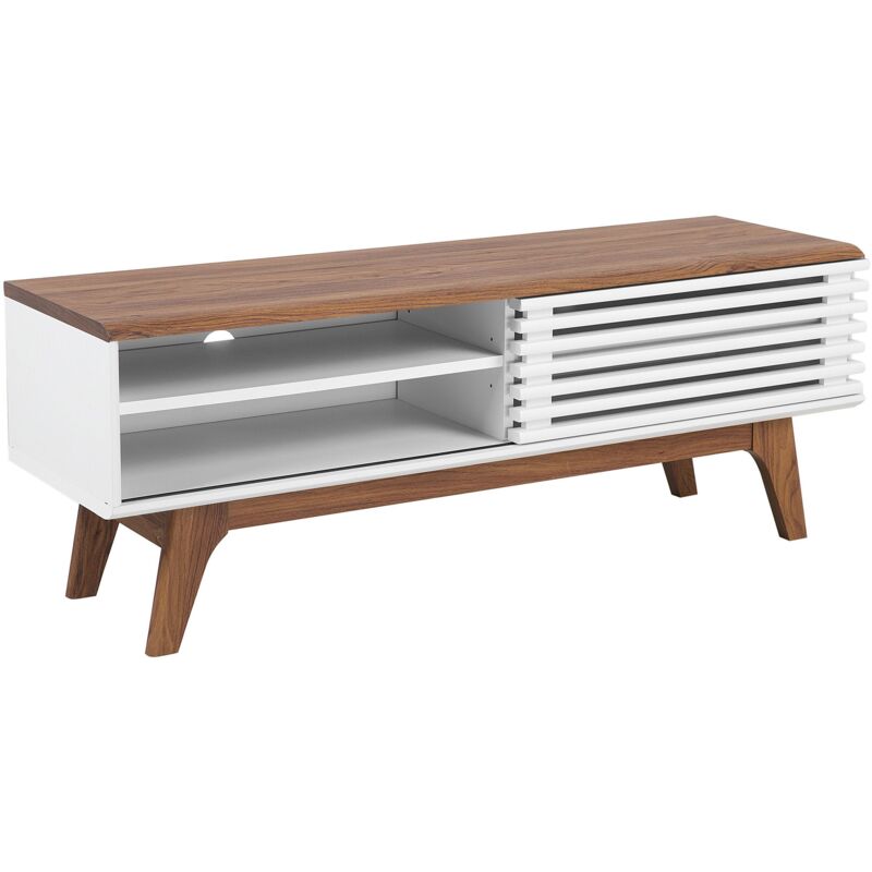 Beliani - Modern tv Stand Unit Dark Wood White Slide Front Storage Shelf Sideboard Toledo ii