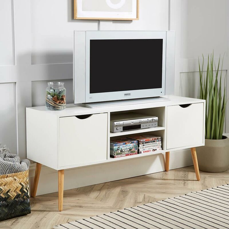 TV Stand Entertainment Cabinet White 2 Door Cable Tidy Solid Wood Legs Scandi
