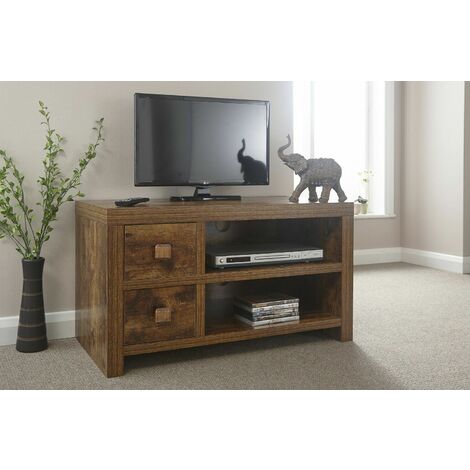 TV Stand Entertainment Unit Dark Wood Mango Distressed Hardwood 2 Drawer 1 Shelf