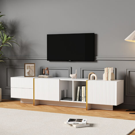 TV Stand for 85inch TV, Entertainment Center with Storage Cabinet and Open Shelves, Embossed Pattern TV Stand, TV Cabinet for Living Room, Bedroom, White