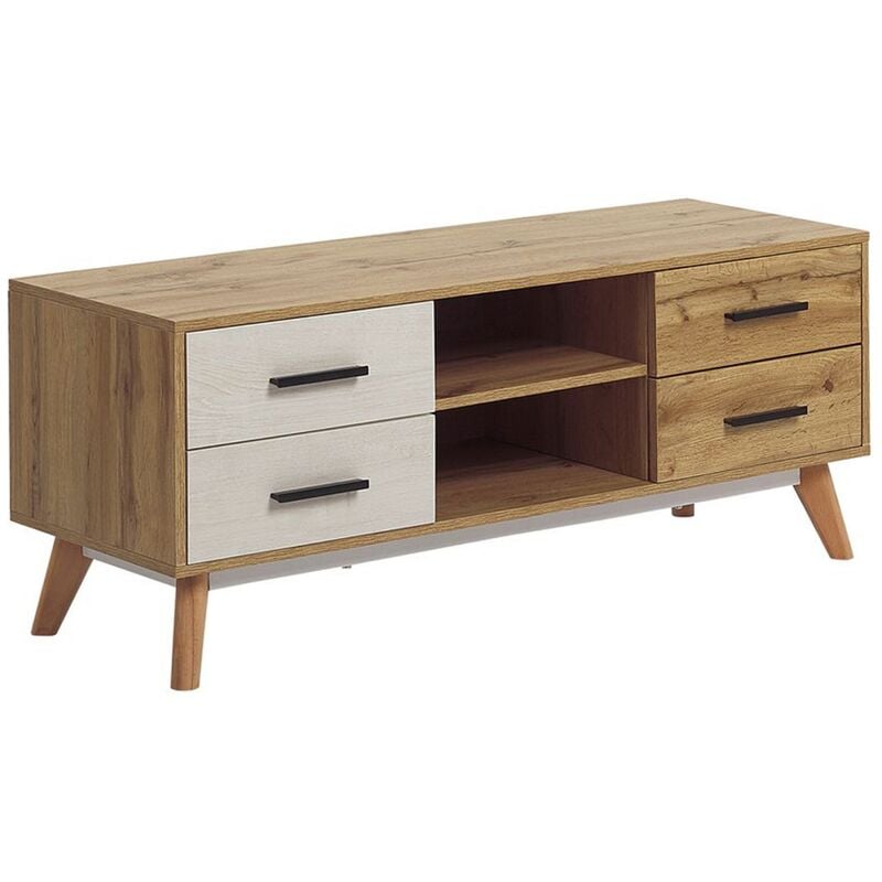 Modern tv Stand Unit with 4 Drawers 2 Shelves Light Wood with White Florida