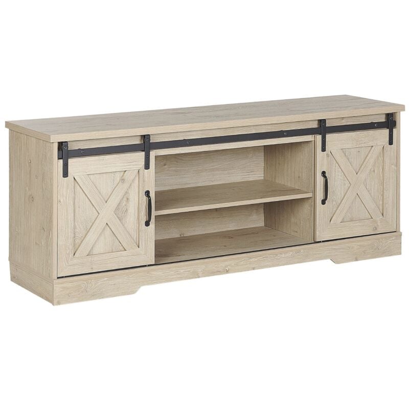 Beliani - Rustic tv Stand Storage Unit with Shelves Sliding Doors Light Wood Ulan