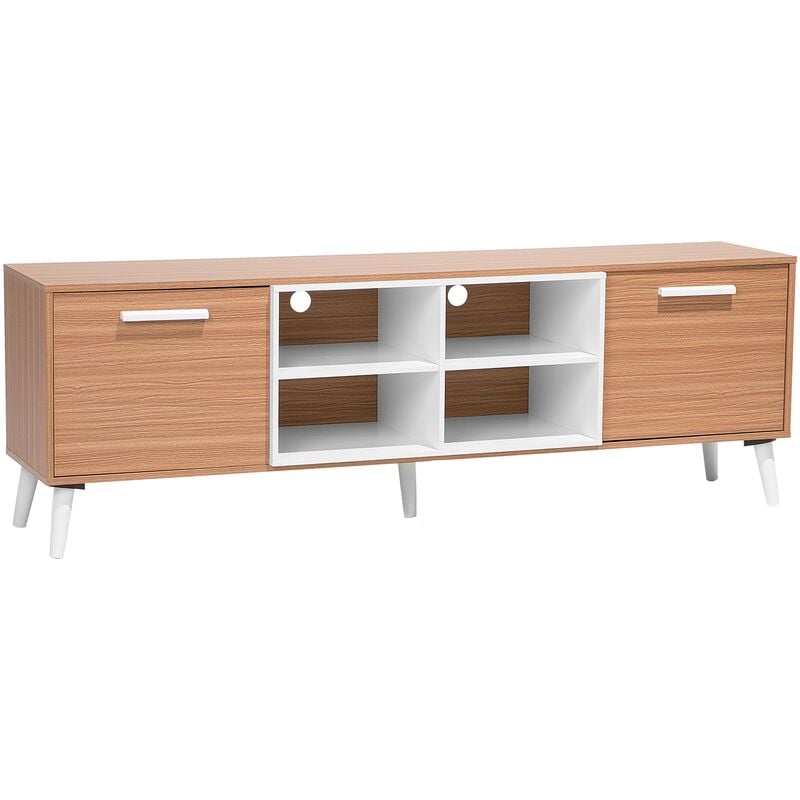 Modern TV Unit with Storage 2 Cabinets Open Shelves Light Wood and White Alloa