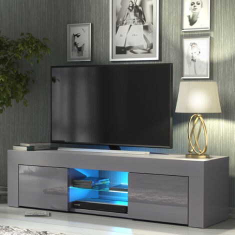 TV Unit 130cm Grey Modern Stand Gloss Doors Free LED