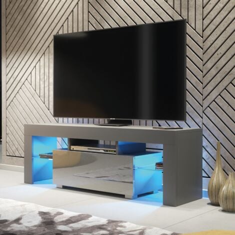 OLIVIA FURNITURE TV Unit 130cm Grey Modern Stand Gloss Doors Free LED