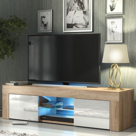 OLIVIA FURNITURE TV Unit 130cm Oak Modern Stand White Gloss Doors Free LED